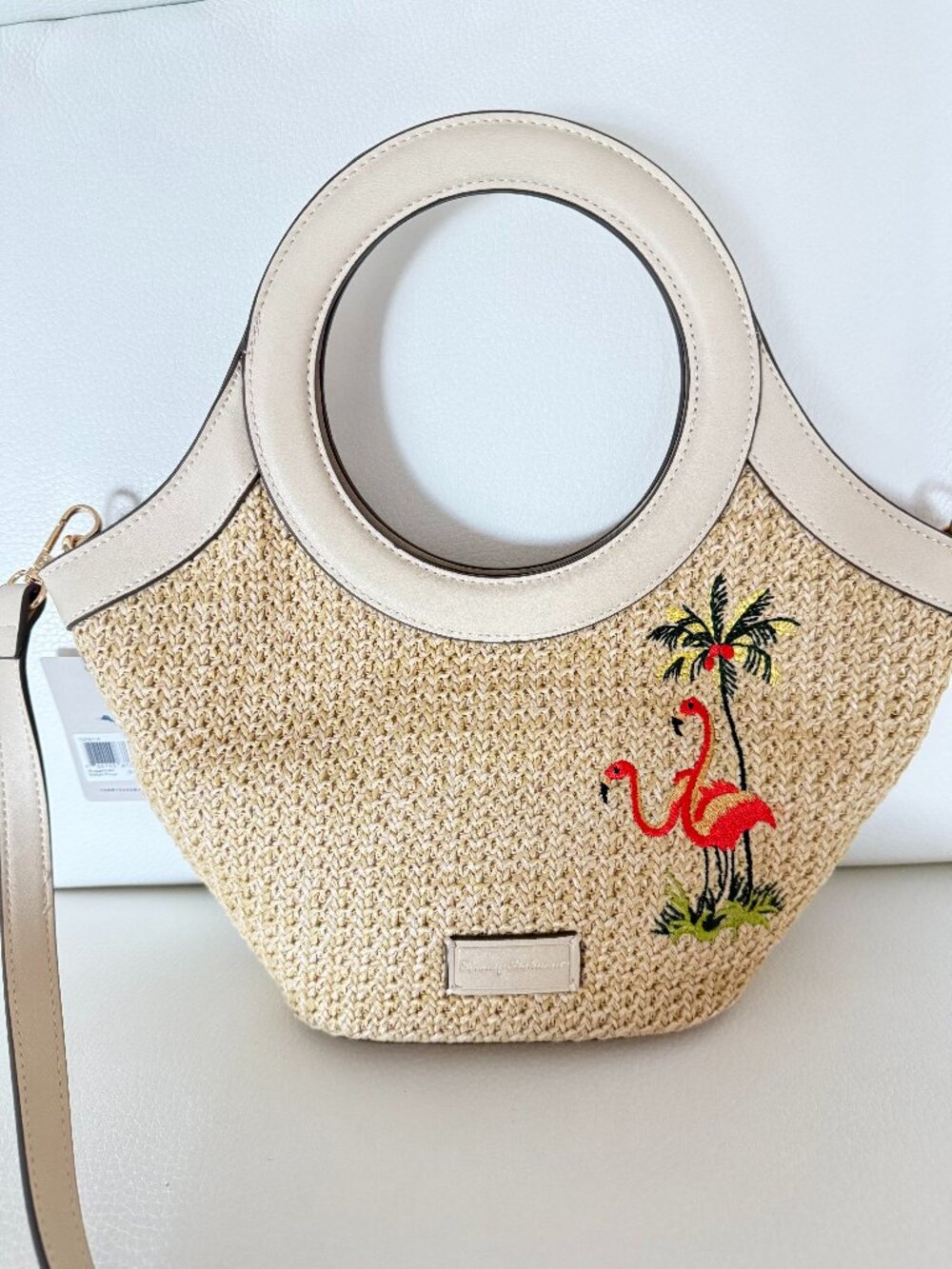 NWT Tommy Bahama Flamingo Embroidered Woven straw Crossbody Tote cream